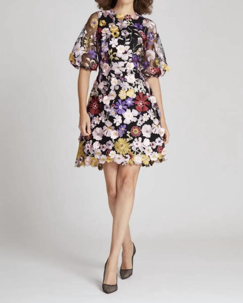 Front of a model wearing a size 10 Floral Appliqued Puff Sleeve Dress In Black Floral in Black Floral by Teri Jon. | dia_product_style_image_id:346943